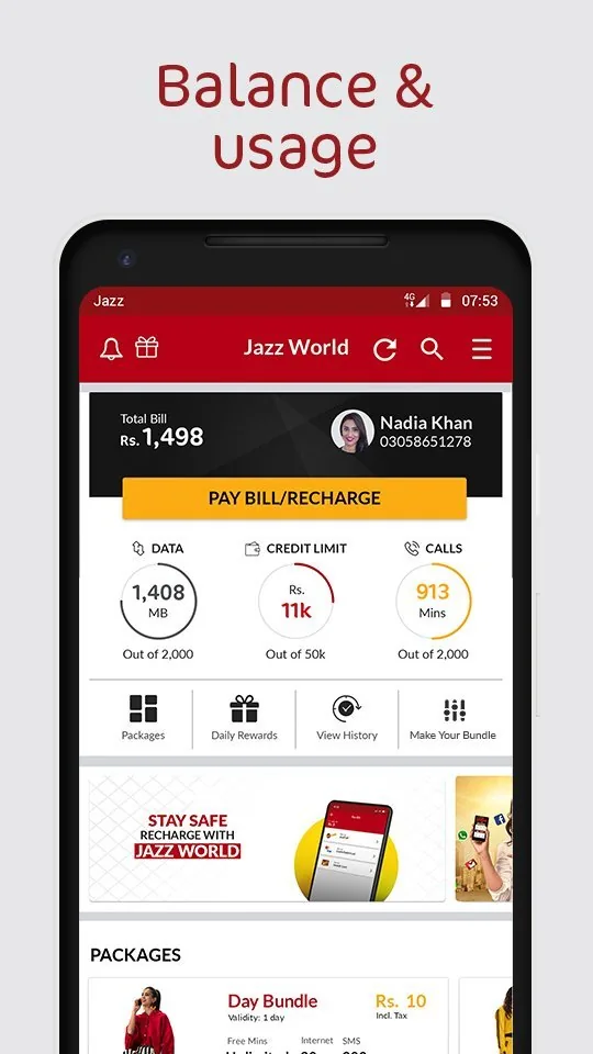 Jazz World balance and usage dashboard