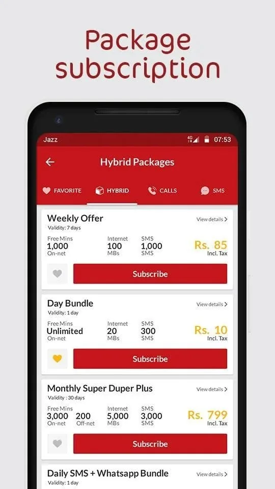 Jazz World mobile package subscription screen