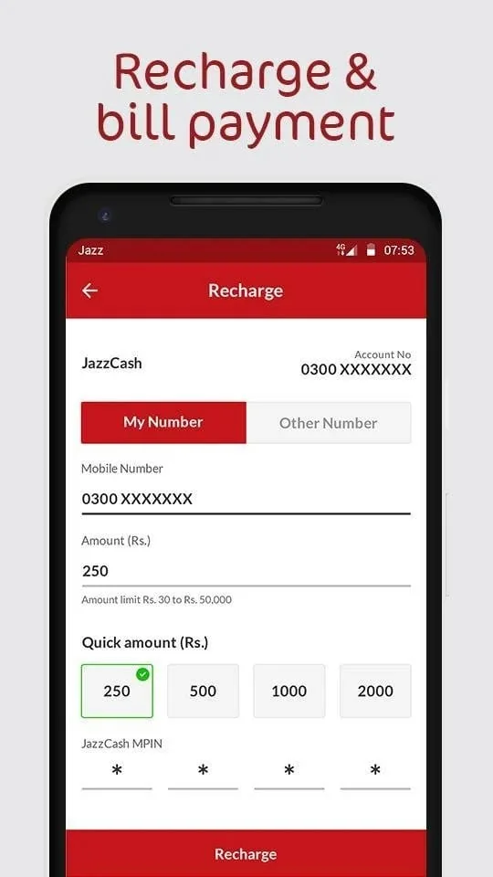 Jazz World recharge and bill payment screen