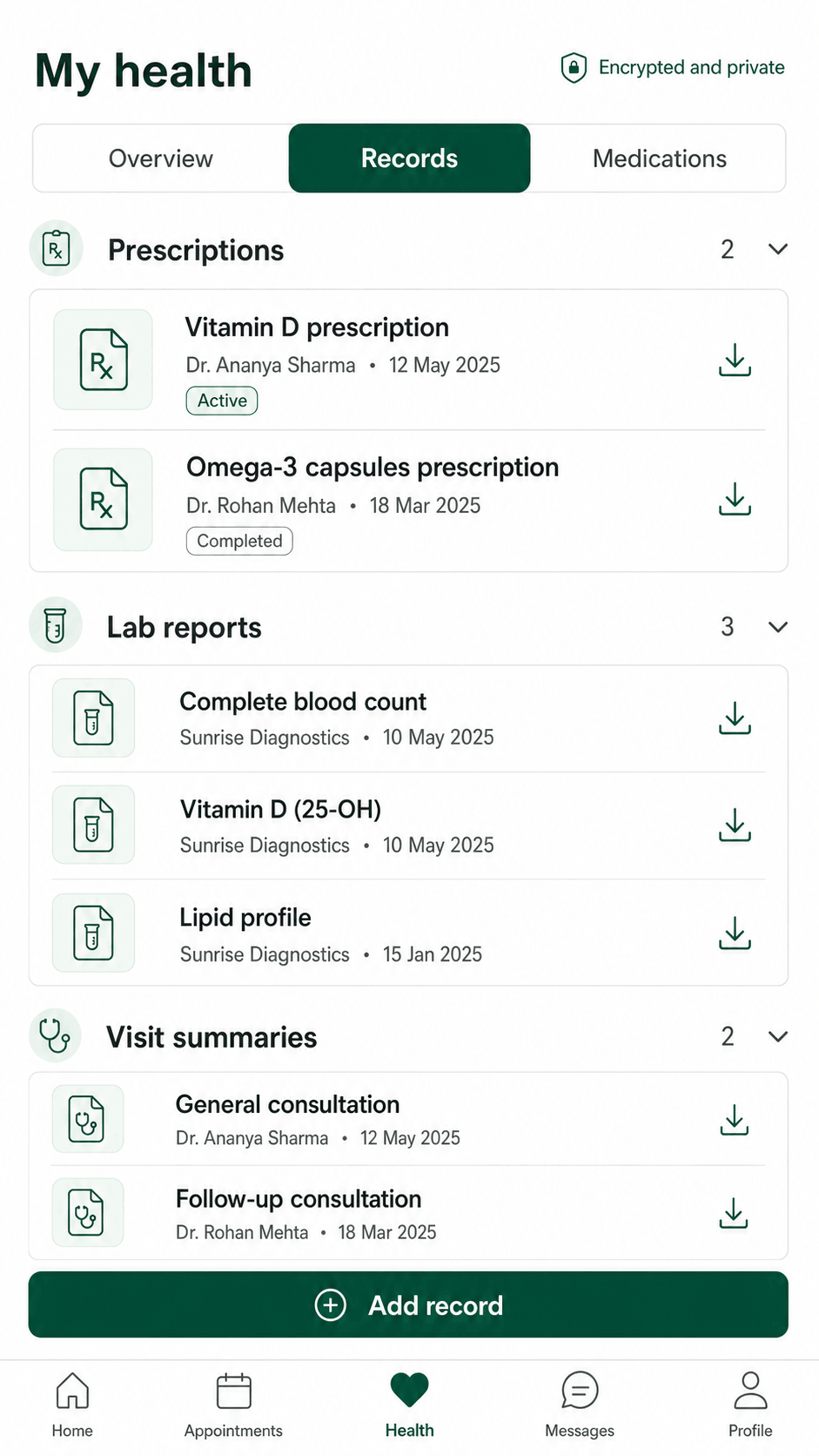 Wellora Health prescriptions, lab reports, and visit summaries